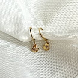 Small gold-colored shell-shaped hoop earrings with a delicate, intricate design.