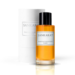  Luxurious orange-colored perfume in a sleek black and white bottle, part of the Sankarat Parfum Collection Paris.