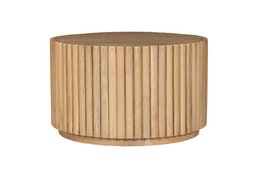  Wooden coffee table with round, cylindrical shape and vertical slat design. Measures 55 x 55 cm.