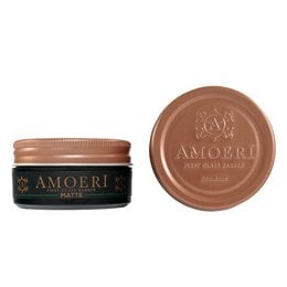 Matte wax hair styling product in a round brown container with the Amoeri brand name and logo.