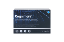  "Cognimore daily food supplement capsules, dark blue packaging, 60 capsules, cognitive health formula"