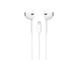  White wired earbuds with Lightning connector, 1.2 meters cable, stereo sound, compatible with iPhone models.