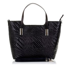 Black leather tote bag with textured embossed pattern, dual top handles, and silver-tone hardware.