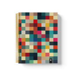 Colorful spiral notebooks with a variety of paper types and colors, including red, yellow, blue, and mint notebooks with blank, dotted grid, grid, and lined paper options.