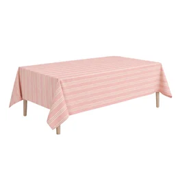 A rectangular pink and white striped tablecloth made of cotton material.