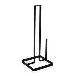 Black metal paper roll holder for kitchen or bathroom. Rectangular shape with vertical stand and horizontal bar to hold paper rolls.