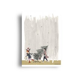 A postcard featuring a whimsical illustration of a person pushing a shopping cart with a Christmas tree on a snowy background.

The postcard features a charming illustration of a person pushing a shopping cart with a Christmas tree on a snowy background. The illustration has a whimsical, hand-drawn style with muted colors. The text on the postcard reads "series 'Christmas' - 'how to get that tree home' - shopping cart", indicating that this is part of a Christmas-themed series.