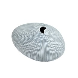  Tall, round blue vase with a unique ribbed design and a circular opening at the top.