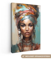  This abstract portrait painting depicts a woman with a colorful, patterned headpiece. The artwork features vibrant colors and a striking, expressive style. It would make an eye-catching addition to a modern or contemporary home decor.