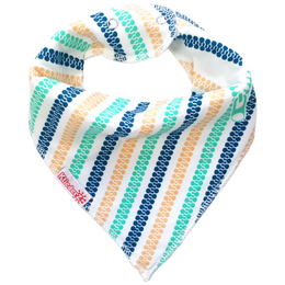 Striped baby bib in shades of blue, green, and beige with a triangular shape.