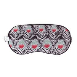 Luxury aromatherapy eye mask in a black and white peacock feather pattern with red accents, designed for sleep and relaxation.