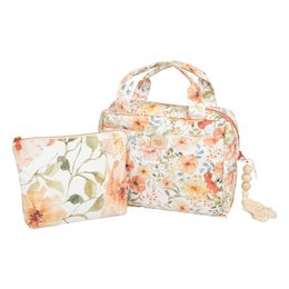 Floral print makeup bag set with a stylish and feminine design, featuring a main bag and a matching cosmetic pouch.