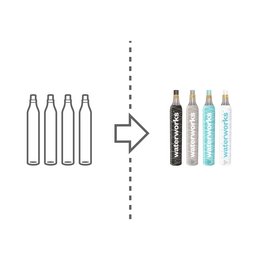 Refillable CO2 cylinder for SodaStream and other carbonated water makers. Available in white, silver, blue, and black colors. Suitable for up to 60 liters of carbonated water per fill.