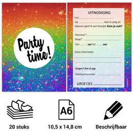  Colorful party invitation cards with "Party time!" text and sparkly background. Includes details like quantity, size, and availability.