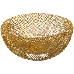 Round, golden metal mesh fruit bowl with assorted fruits including peaches, plums, and oranges.