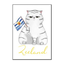 A white cat with a Zeeland flag, sitting on a card with the text "Zeeland".