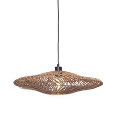 A large, round rattan pendant lamp with a flat design, measuring 55 cm in diameter and 14 cm in height. The natural rattan material creates an intricate, woven pattern that casts a warm, ambient light.