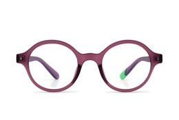 Plum-colored round eyeglasses with a lightweight, durable frame and adjustable nose pads for a comfortable fit.