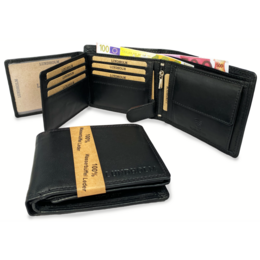 A black leather men's wallet with multiple card slots, a bill compartment, and a zipper pocket. The wallet has a premium leather construction and is suitable as a Father's Day gift.
