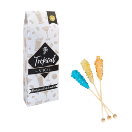 Tropical cocktail sticks with colorful paper decorations, featuring a tropical-themed design and packaging.
