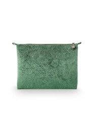Cosmetic Flat Pouch Large Velvet Quilted Green 30x22x1cm