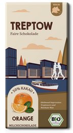 Organic and fair-trade chocolate bar with orange flavor, featuring a cityscape of Treptow, Berlin on the packaging.