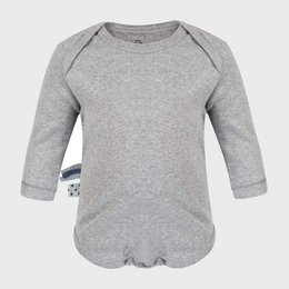Grey long-sleeved organic baby bodysuit, suitable for infants aged 0-24 months. Made from soft, comfortable organic cotton material.
