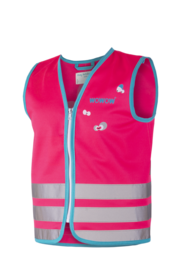 Bright pink kids jacket with reflective stripes and a cute monster graphic on the front. Made of soft, durable material for active wear.