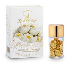 23 karat gold flakes in a decorative glass bottle. Edible gold flakes for use in food and drinks.