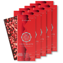 Organic chocolate bars with strawberry flavor, featuring a vibrant red packaging and visible chocolate pieces.