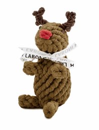 A brown rope toy in the shape of a reindeer, measuring 15x8x8 cm. The toy is designed for dogs and is made of durable materials.