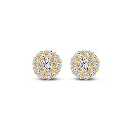 14K yellow gold earstuds with 4mm round 2mm and 1mm white CZ stones.
