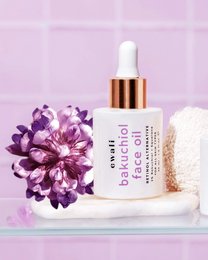 Bakuchiol face oil in 10ml, 15ml, and 30ml sizes. The oil has a natural, botanical formula with a dropper applicator for easy application. Suitable for all skin types.