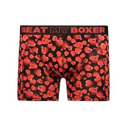  Men's boxer shorts with a bold, all-over heart print pattern in shades of red. The waistband features the text "Beat my Boxer" in a contrasting color.