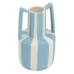  Light blue and white striped ceramic vase with handles.