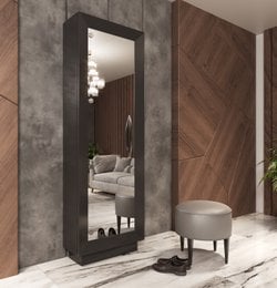 Tall, black shoe rack with multiple shelves for storing and displaying shoes. Made of durable materials, suitable for a modern home or entryway.