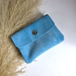 Light blue suede small wallet, compact coin purse with snap closure and tassel detail
