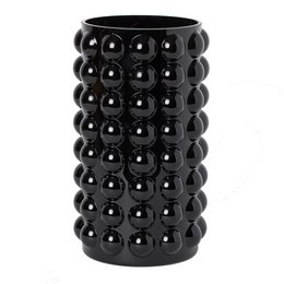 A large black glass vase with a bubble pattern design. The vase is tall and cylindrical in shape.