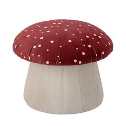 A round, plush pouf in a deep red color with white polka dots, made of polyester material. Suitable for use as a stool or accent piece in a living room or bedroom.