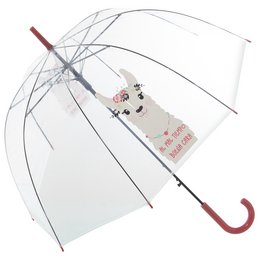 Transparent umbrella with decorative llama design, suitable for kids. Features 8 rods and a red handle.