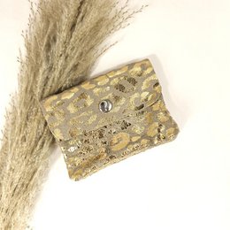  Beige mini wallet with leopard print pattern, made of textured material with metallic accents.