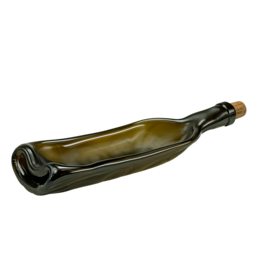  Upcycled bowl in the shape of a bottle, made of recycled glass. Unique serving dish for food or drinks. Olive green color with a rustic, handcrafted appearance.