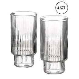  Set of 4 tall, cylindrical borosilicate glass longdrink glasses with vertical ribbed texture, measuring 7x5.6x14cm.