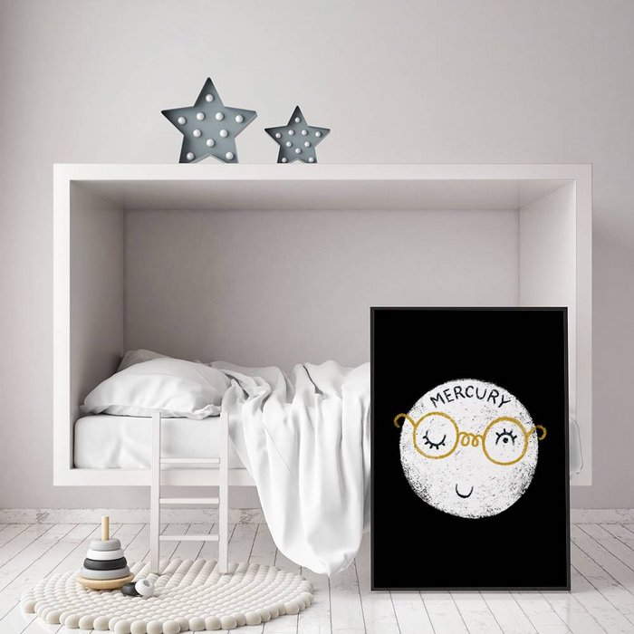 Kinderkamer poster Mercurius - Planeten serie - Zwart wit geel