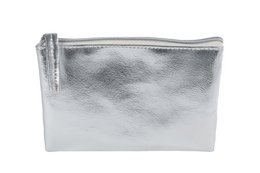  A small silver toiletry bag measuring 18x12x1cm. Made of durable metallic material, this compact bag is perfect for storing and organizing personal care items while traveling.