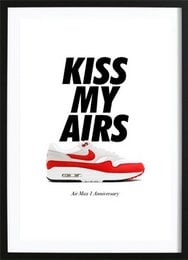 A minimalist wall art print featuring the text "KISS MY AIRS" and an illustration of a red sneaker. The product is available in multiple sizes.