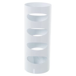 A round, white metal umbrella stand with a sleek, modern design. The stand features multiple openings to hold umbrellas of various sizes.