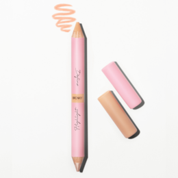 A dual-ended eye makeup product with a creamy concealer texture on one end and a highlighter pencil on the other. The product is pink in color and features a matte finish.