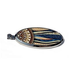 Sunset Waves: Designer Magnetic Phone & Key Holder, for purse, car, home. Oval-shaped magnetic holder with a colorful feather-inspired design, suitable for storing phones, keys, and other small items.