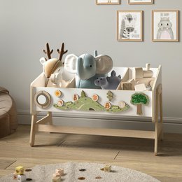  Wooden toy shelf with animal-themed decorations, including a deer, elephant, and various other animal figures. The shelf measures 75 cm in length, 42 cm in height, and 35 cm in depth.